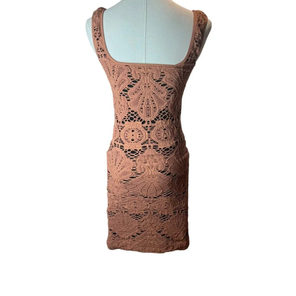 Free People Intimately Crochet Bodycon Dress Medium – Boho Lace Sleeveless Nude